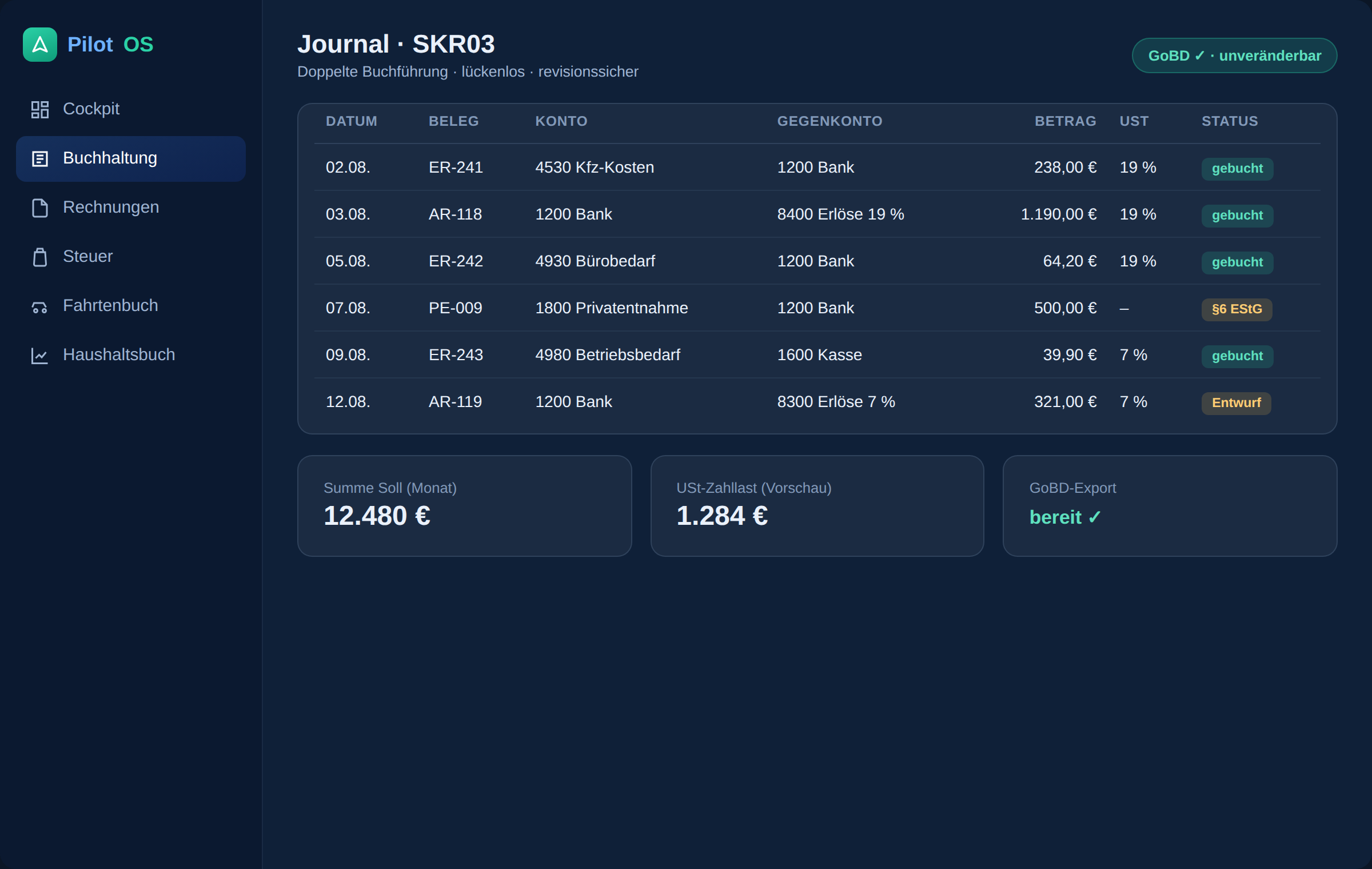 PilotOS Journal – doppelte Buchführung nach SKR03, GoBD-konform und revisionssicher